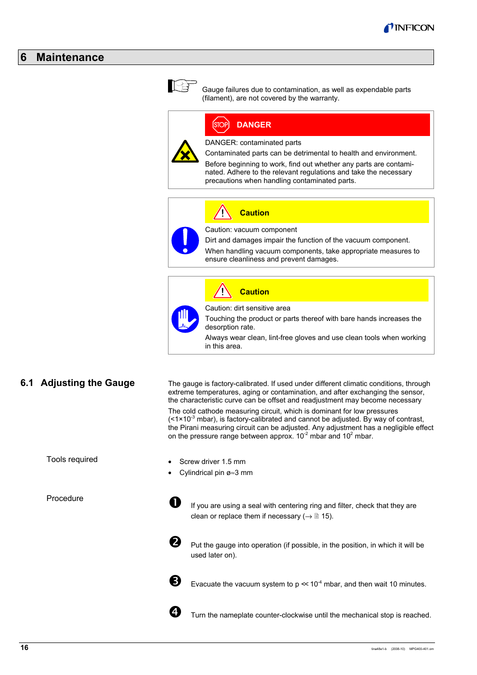 6 maintenance, 1 adjusting the gauge | INFICON MPG40x ATM to Ultra-High Vacuum Gauge User Manual | Page 16 / 36