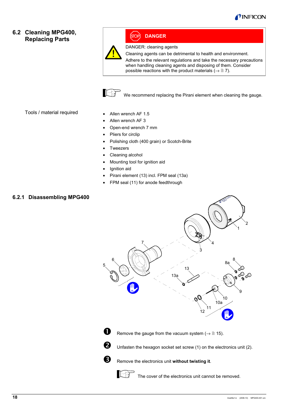 2 cleaning mpg400, replacing parts, 1 disassembling mpg400 | INFICON MPG40x ATM to Ultra-High Vacuum Gauge User Manual | Page 18 / 36