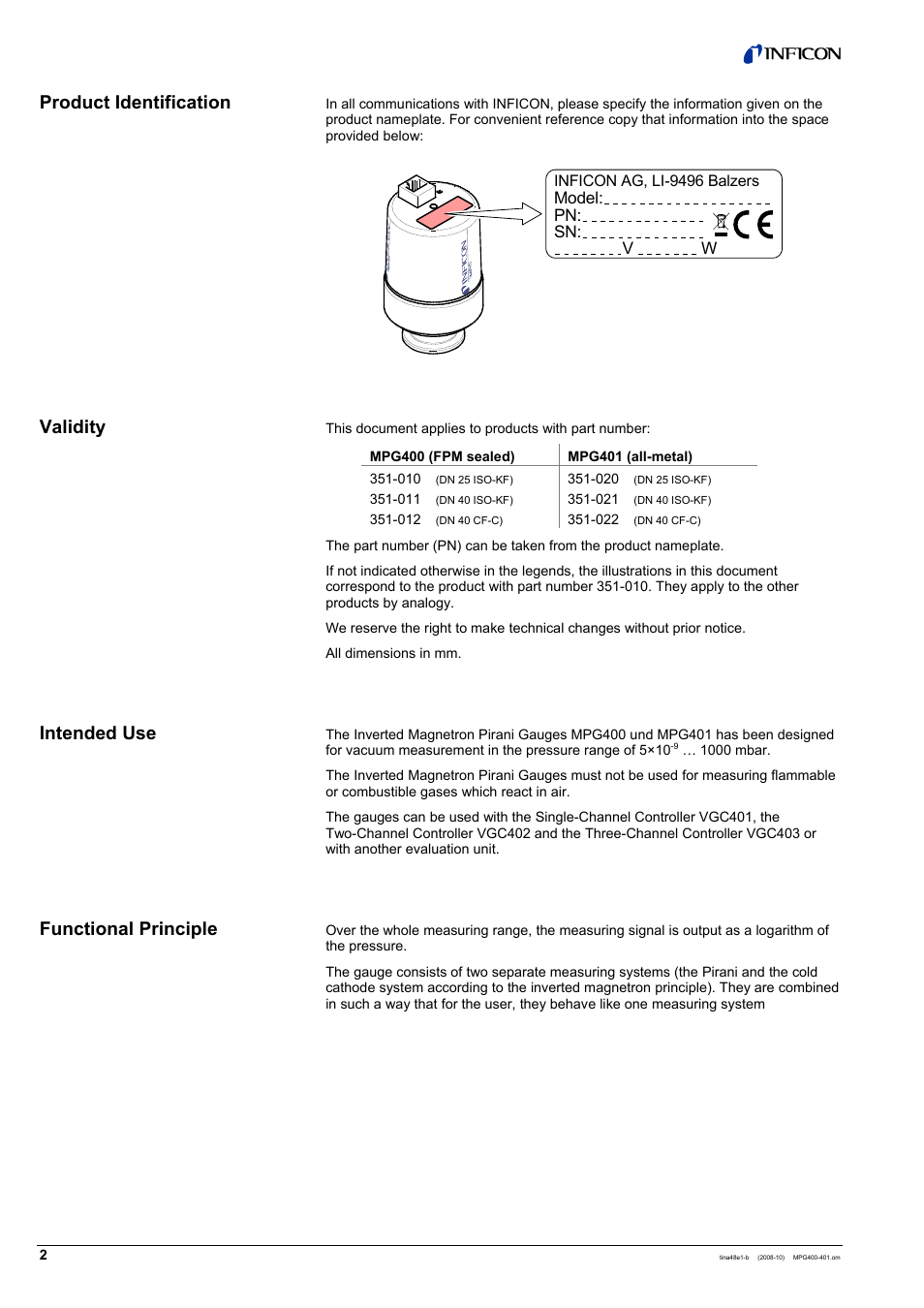 Model: pn: sn: v w | INFICON MPG40x ATM to Ultra-High Vacuum Gauge User Manual | Page 2 / 36