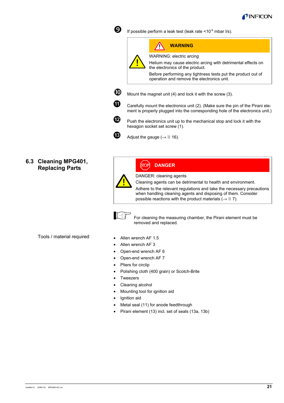 3 cleaning mpg401, replacing parts | INFICON MPG40x ATM to Ultra-High Vacuum Gauge User Manual | Page 21 / 36