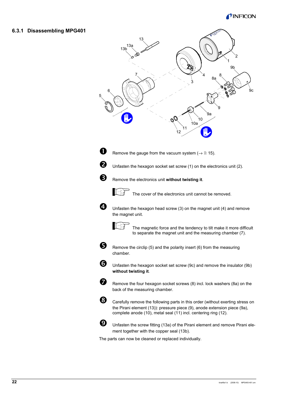 1 disassembling mpg401 | INFICON MPG40x ATM to Ultra-High Vacuum Gauge User Manual | Page 22 / 36