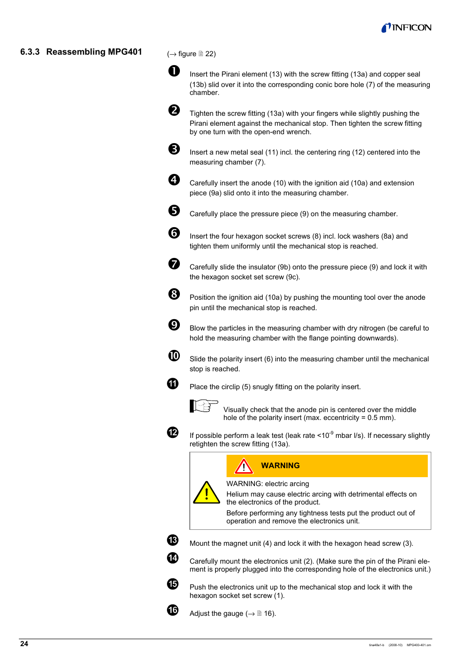 3 reassembling mpg401 | INFICON MPG40x ATM to Ultra-High Vacuum Gauge User Manual | Page 24 / 36