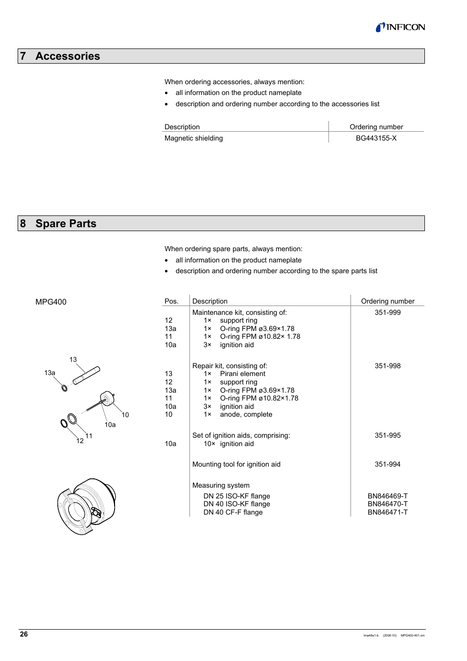 7 accessories, 8 spare parts | INFICON MPG40x ATM to Ultra-High Vacuum Gauge User Manual | Page 26 / 36