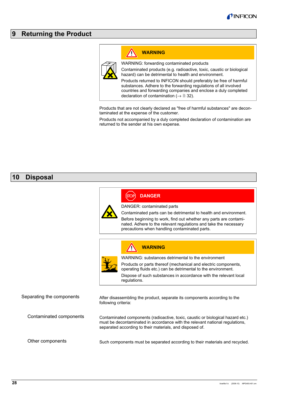 9 returning the product, 10 disposal | INFICON MPG40x ATM to Ultra-High Vacuum Gauge User Manual | Page 28 / 36