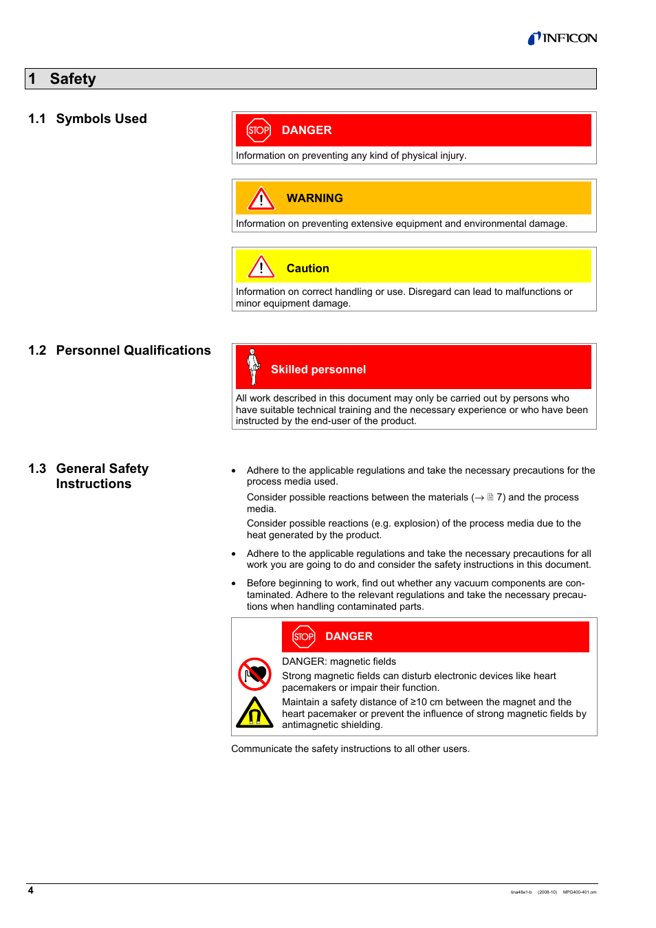 1 safety | INFICON MPG40x ATM to Ultra-High Vacuum Gauge User Manual | Page 4 / 36
