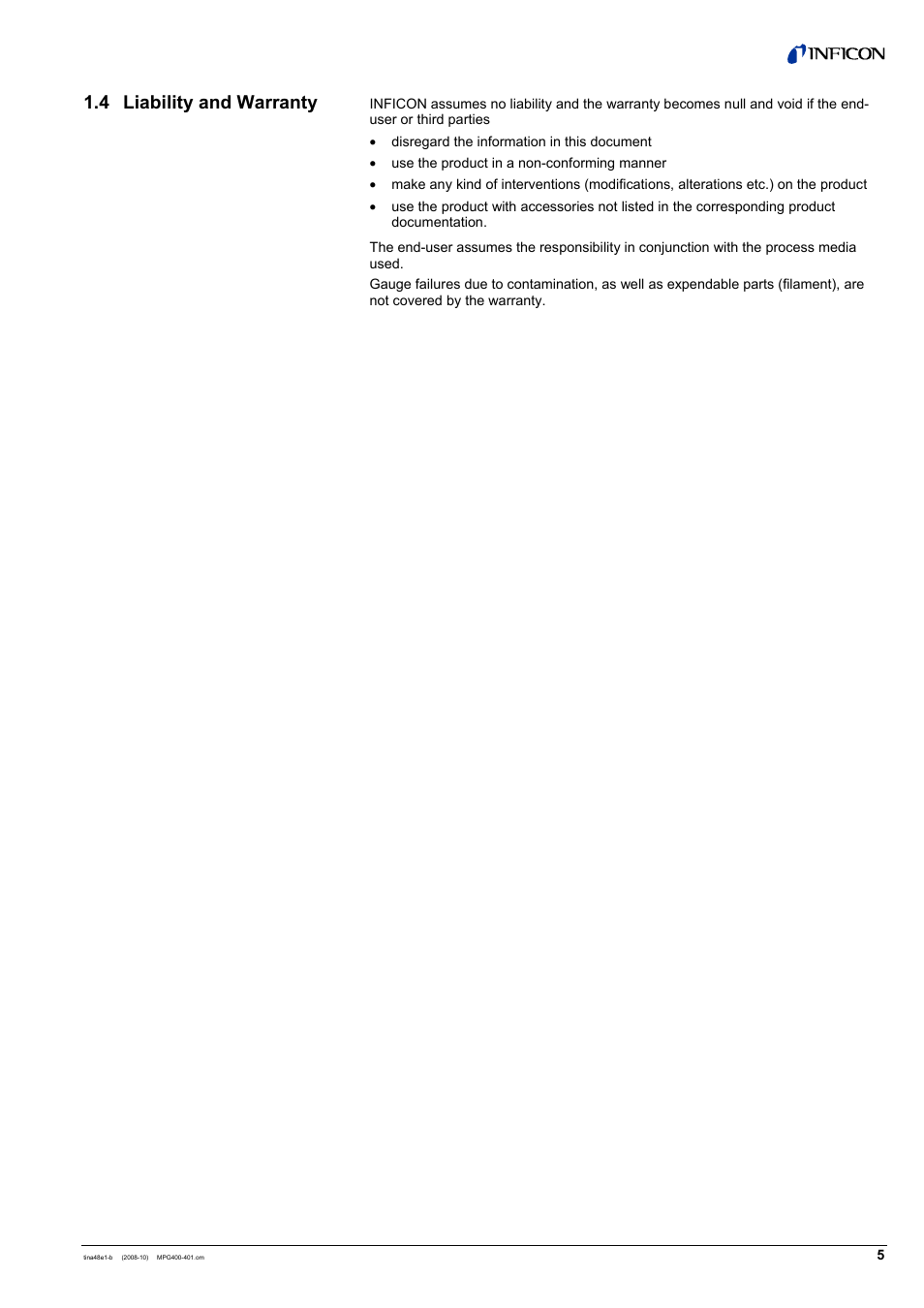 4 liability and warranty | INFICON MPG40x ATM to Ultra-High Vacuum Gauge User Manual | Page 5 / 36