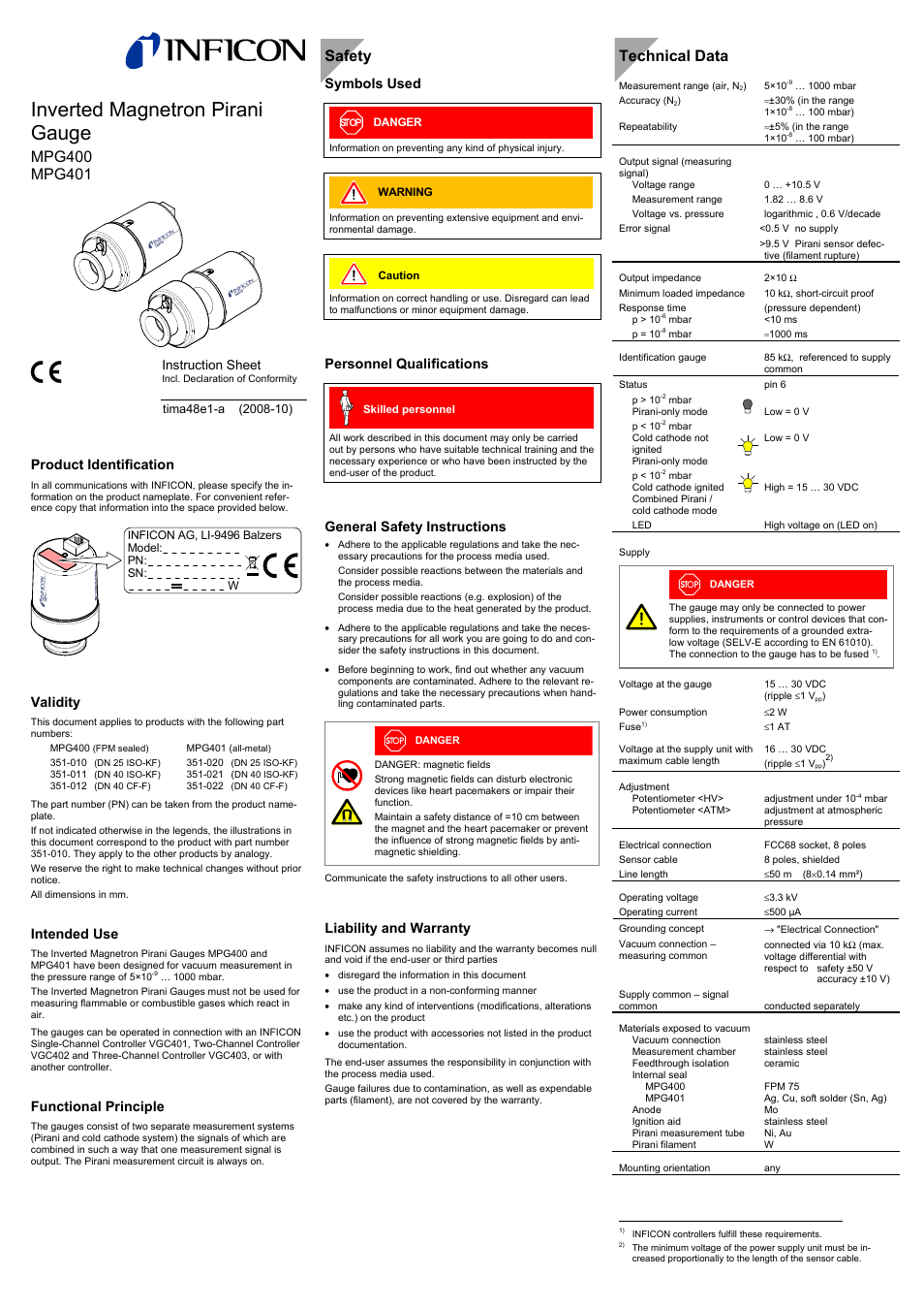 INFICON MPG40x ATM to Ultra-High Vacuum Gauge User Manual | 4 pages