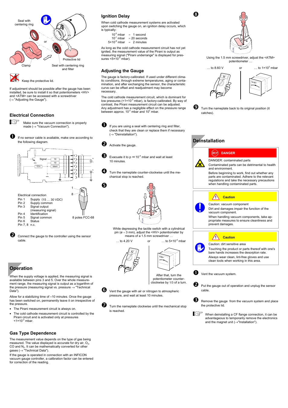 Operation, Deinstallation, Electrical connection | Gas type dependence, Ignition delay, Adjusting the gauge | INFICON MPG40x ATM to Ultra-High Vacuum Gauge User Manual | Page 3 / 4