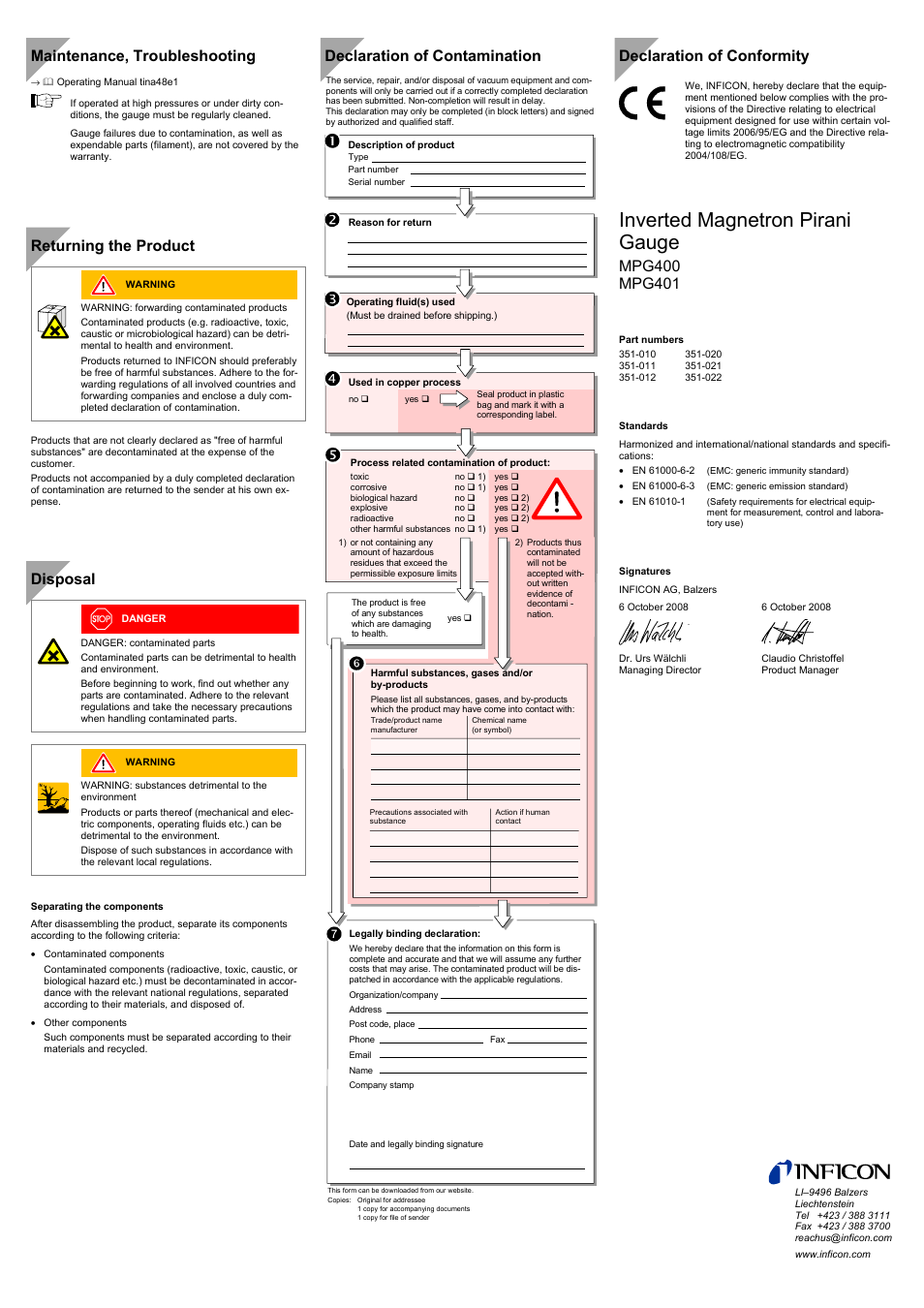 Inverted magnetron pirani gauge, Maintenance, troubleshooting, Returning the product | Disposal, Declaration of contamination, Declaration of conformity | INFICON MPG40x ATM to Ultra-High Vacuum Gauge User Manual | Page 4 / 4