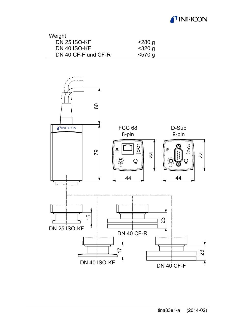 Dimensions [mm, Fcc 68 8-pin | INFICON Gemini ATM to Ultra-High Vacuum Gauge User Manual | Page 14 / 60