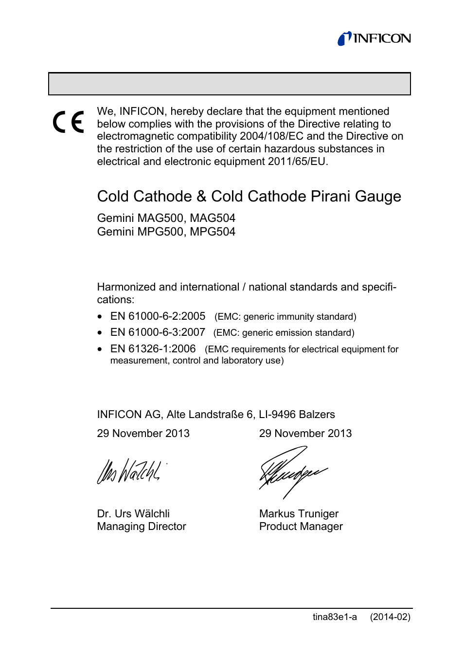 Ec declaration of conformity, Cold cathode & cold cathode pirani gauge | INFICON Gemini ATM to Ultra-High Vacuum Gauge User Manual | Page 56 / 60