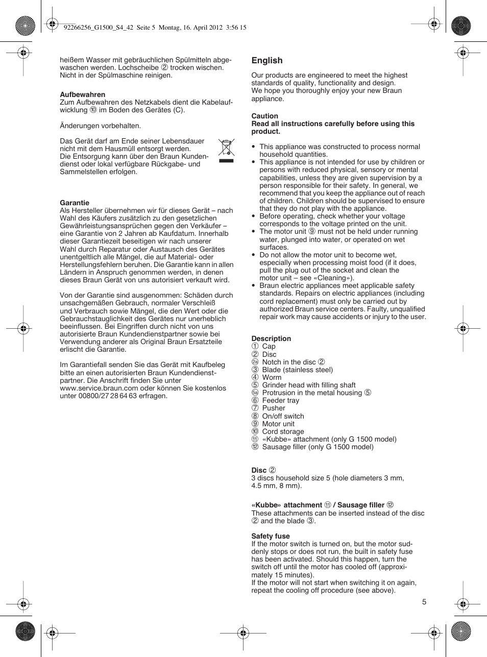 Braun Multiquick 5 G 1500 User Manual | Page 5 / 41