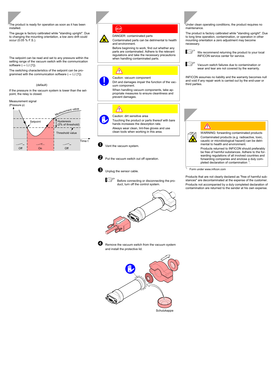 Operation, Deinstallation, Maintenance, repair | Returning the product, Setpoint, switching characteristics | INFICON VSA200 absolute switch User Manual | Page 3 / 4