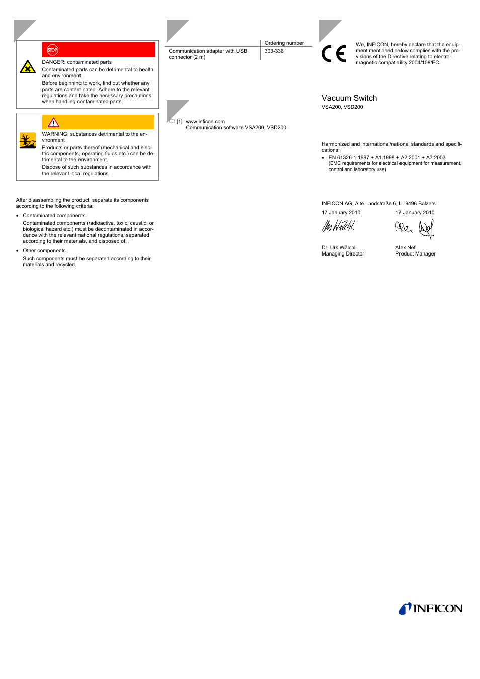 Disposal, Accessories, Further information | Ec declaration of conformity, Vacuum switch | INFICON VSA200 absolute switch User Manual | Page 4 / 4
