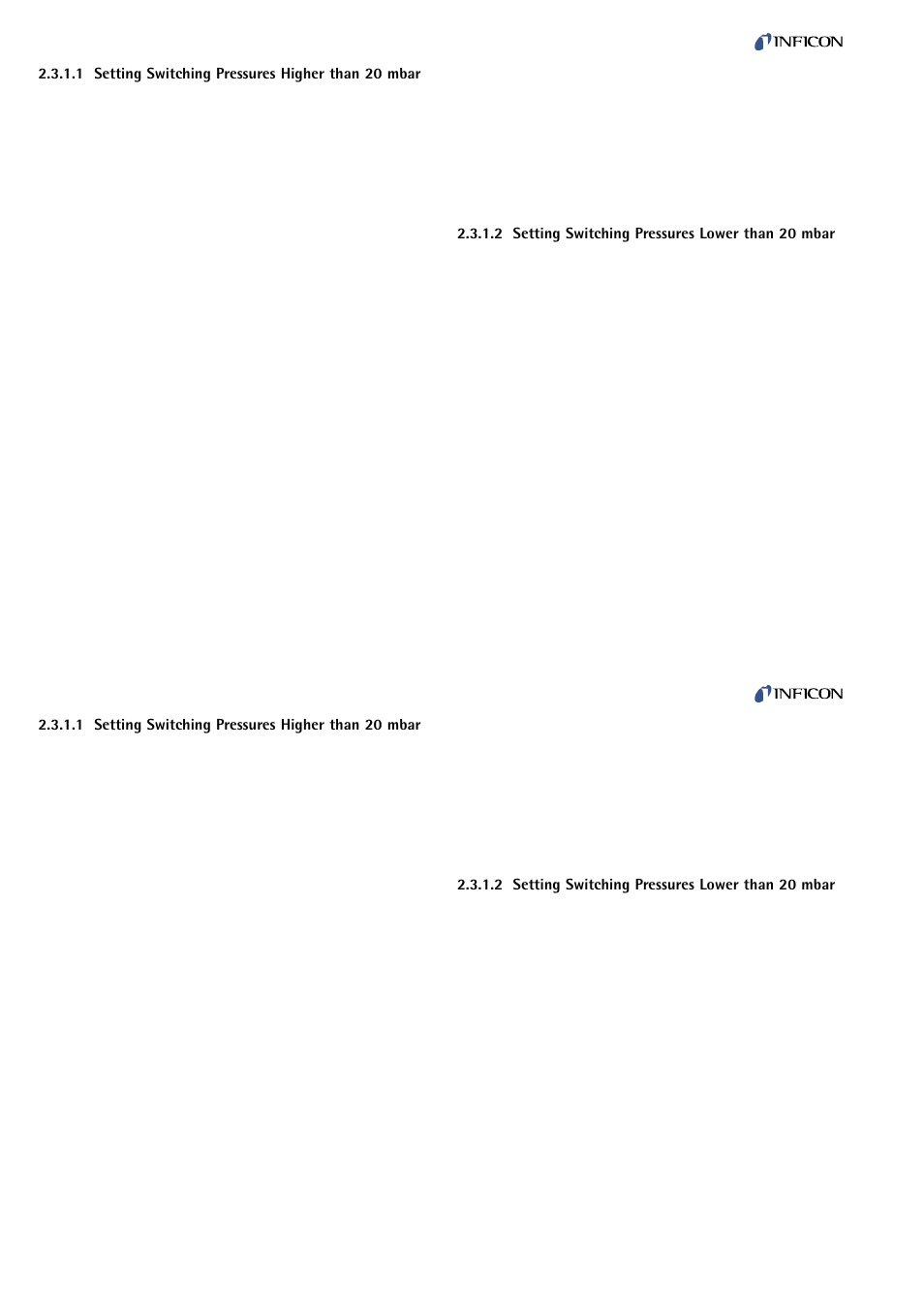 Setting switching pressures higher than 20 mbar, Setting switching pressures lower than 20 mbar | INFICON VSC150A absolute switch, passiv User Manual | Page 14 / 24