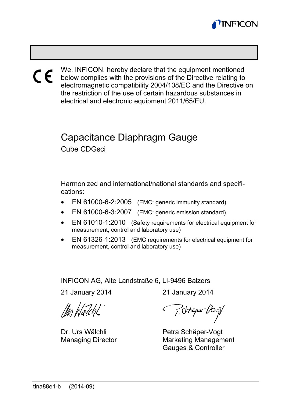 Ec declaration of conformity, Capacitance diaphragm gauge | INFICON Cube CDGsci User Manual | Page 47 / 48