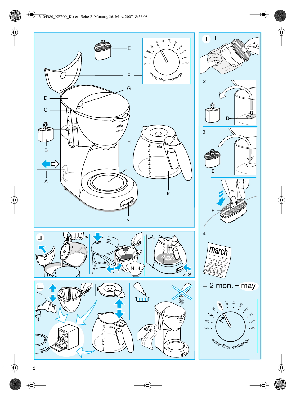 March, 2 mon. = may, Nr.4 4 | Wate r filter excha ng e | Braun KF550 User Manual | Page 2 / 6