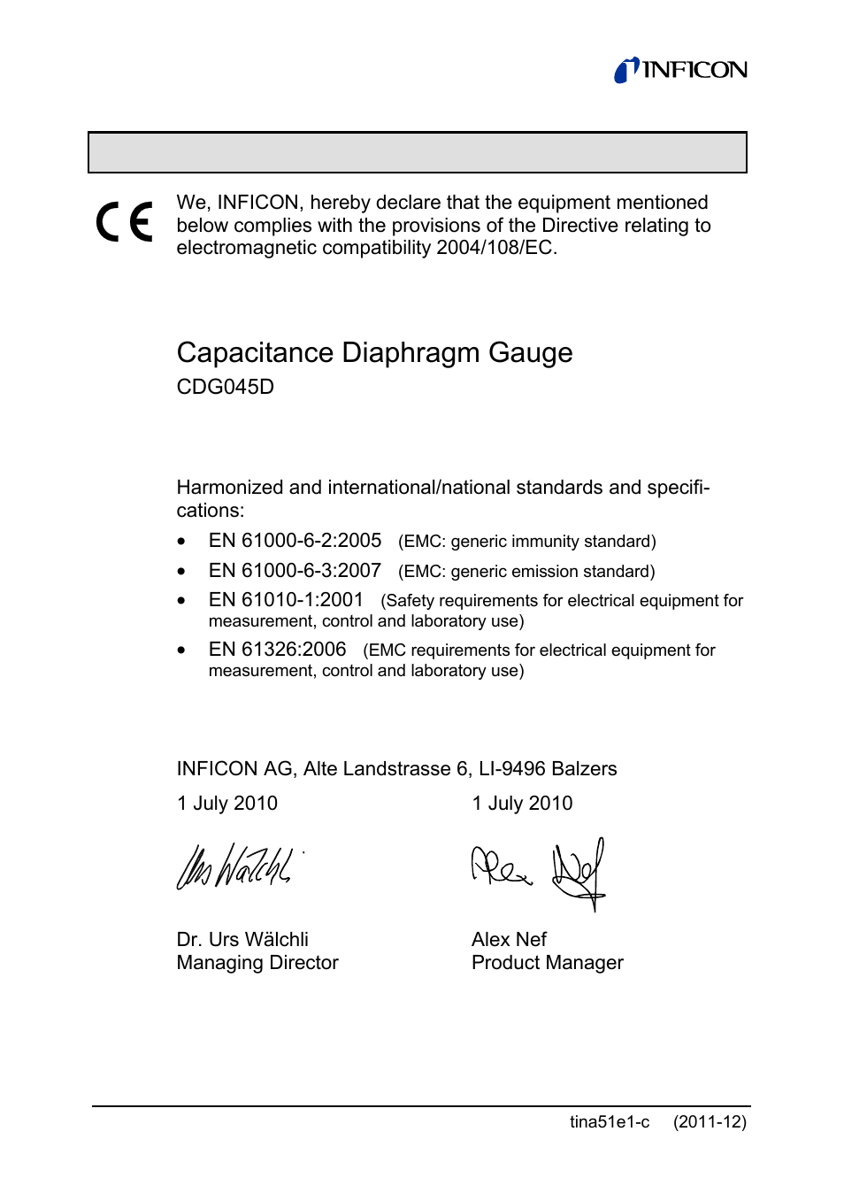 Ec declaration of conformity, Capacitance diaphragm gauge | INFICON SKY CDG045D 0.05 ... 1000Torr / mbar User Manual | Page 38 / 40