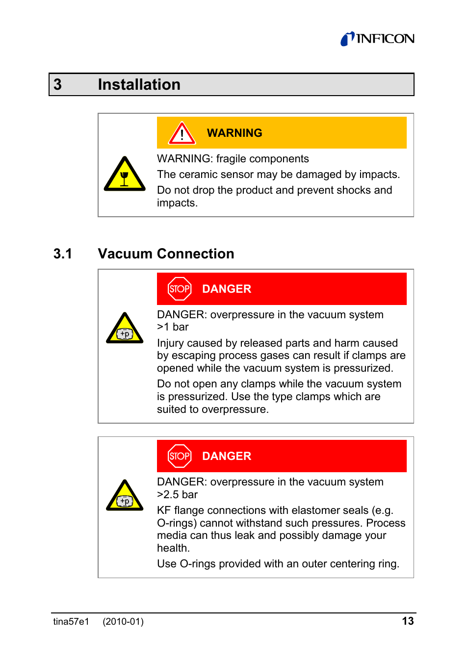 3 installation, 1 vacuum connection | INFICON SKY CDG025D-X3 0.1 ... 1000 Torr / mbar process gauge User Manual | Page 13 / 36