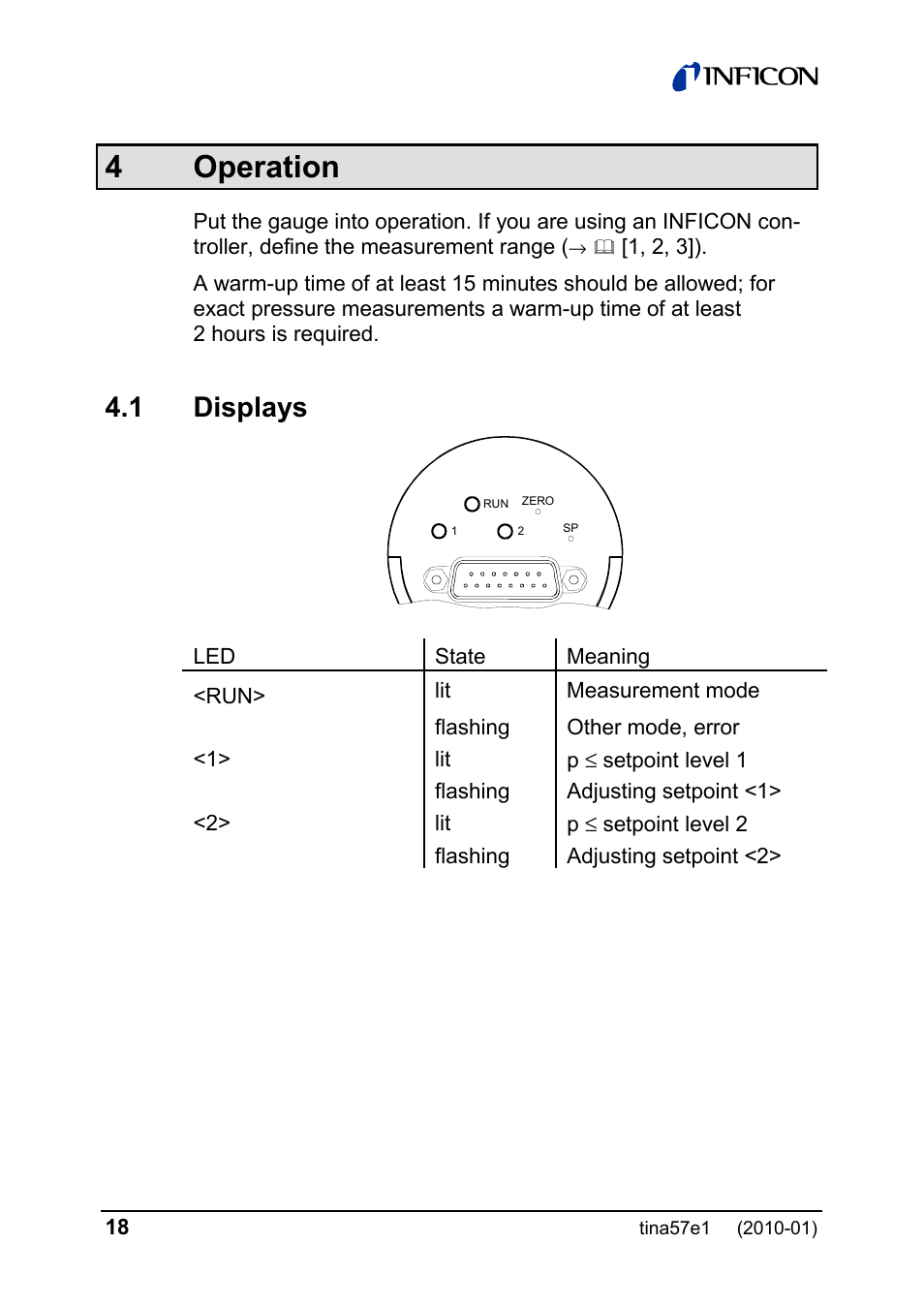 4 operation, 1 displays | INFICON SKY CDG025D-X3 0.1 ... 1000 Torr / mbar process gauge User Manual | Page 18 / 36