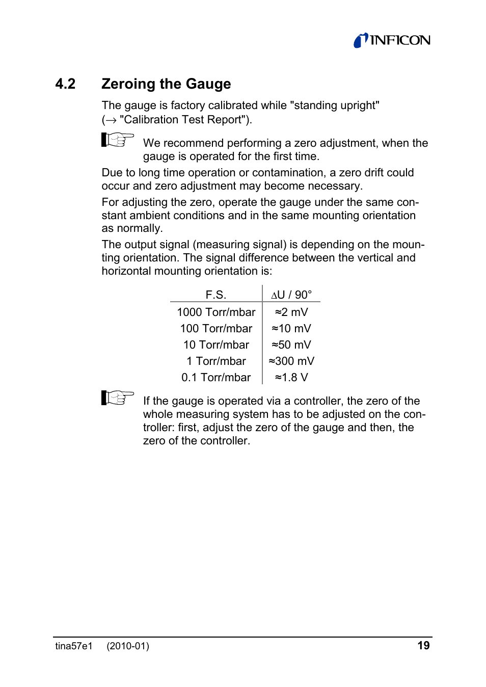 2 zeroing the gauge | INFICON SKY CDG025D-X3 0.1 ... 1000 Torr / mbar process gauge User Manual | Page 19 / 36