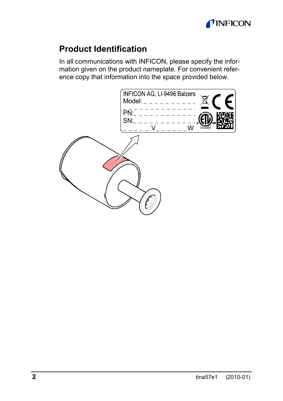 Product identification | INFICON SKY CDG025D-X3 0.1 ... 1000 Torr / mbar process gauge User Manual | Page 2 / 36
