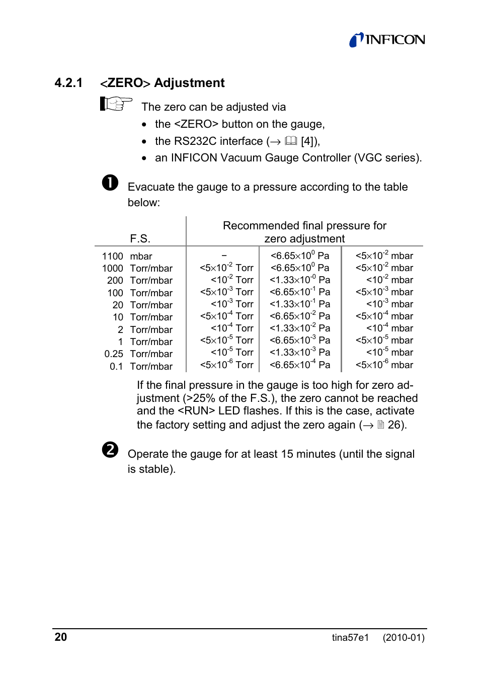 1 < zero > adjustment | INFICON SKY CDG025D-X3 0.1 ... 1000 Torr / mbar process gauge User Manual | Page 20 / 36