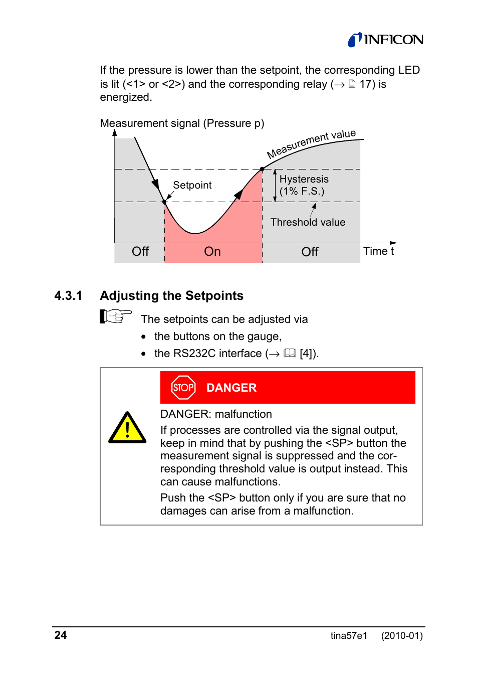 Off on, 1 adjusting the setpoints | INFICON SKY CDG025D-X3 0.1 ... 1000 Torr / mbar process gauge User Manual | Page 24 / 36
