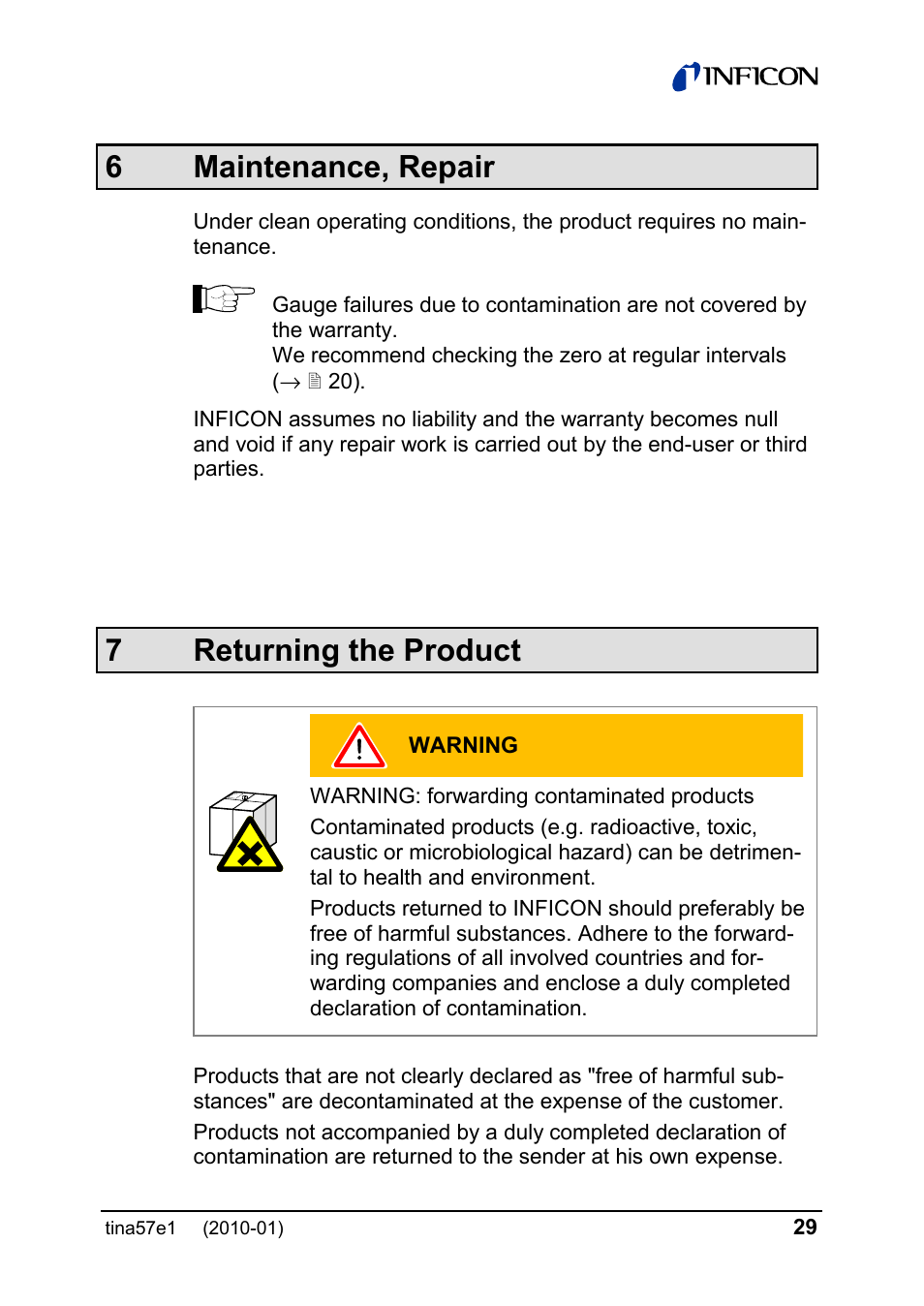 6 maintenance, repair, 7returning the product | INFICON SKY CDG025D-X3 0.1 ... 1000 Torr / mbar process gauge User Manual | Page 29 / 36