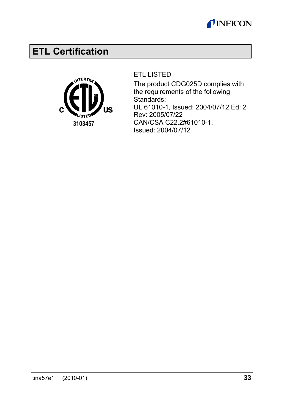 Etl certification | INFICON SKY CDG025D-X3 0.1 ... 1000 Torr / mbar process gauge User Manual | Page 33 / 36
