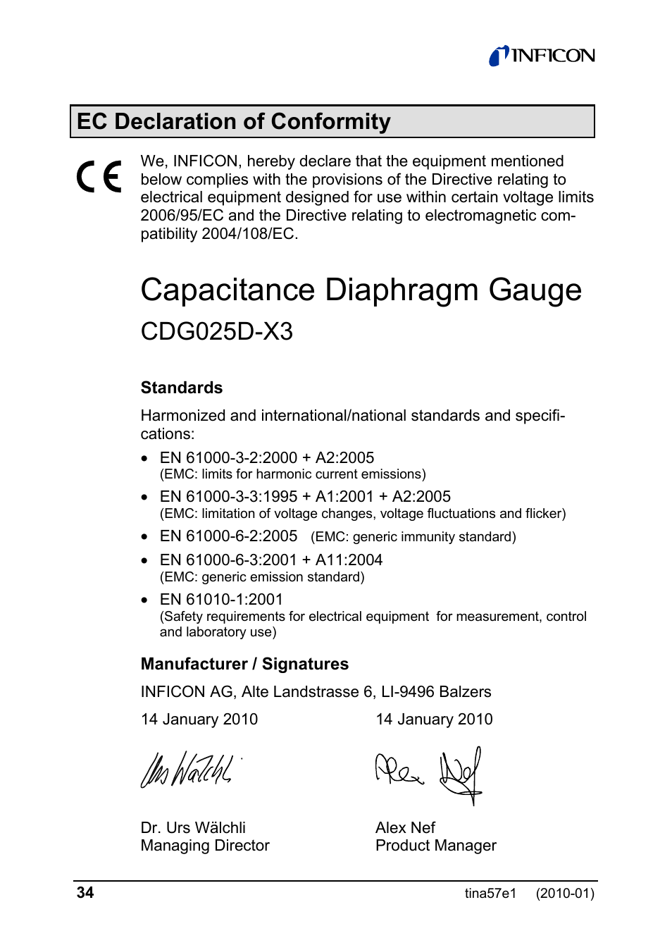 Capacitance diaphragm gauge, Cdg025d-x3, Ec declaration of conformity | INFICON SKY CDG025D-X3 0.1 ... 1000 Torr / mbar process gauge User Manual | Page 34 / 36