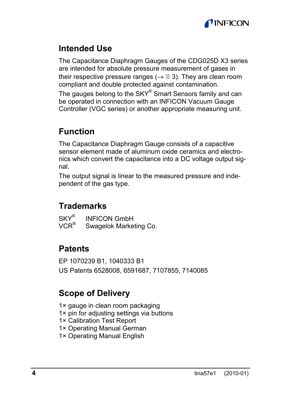 Intended use, Function, Trademarks | Patents, Scope of delivery | INFICON SKY CDG025D-X3 0.1 ... 1000 Torr / mbar process gauge User Manual | Page 4 / 36