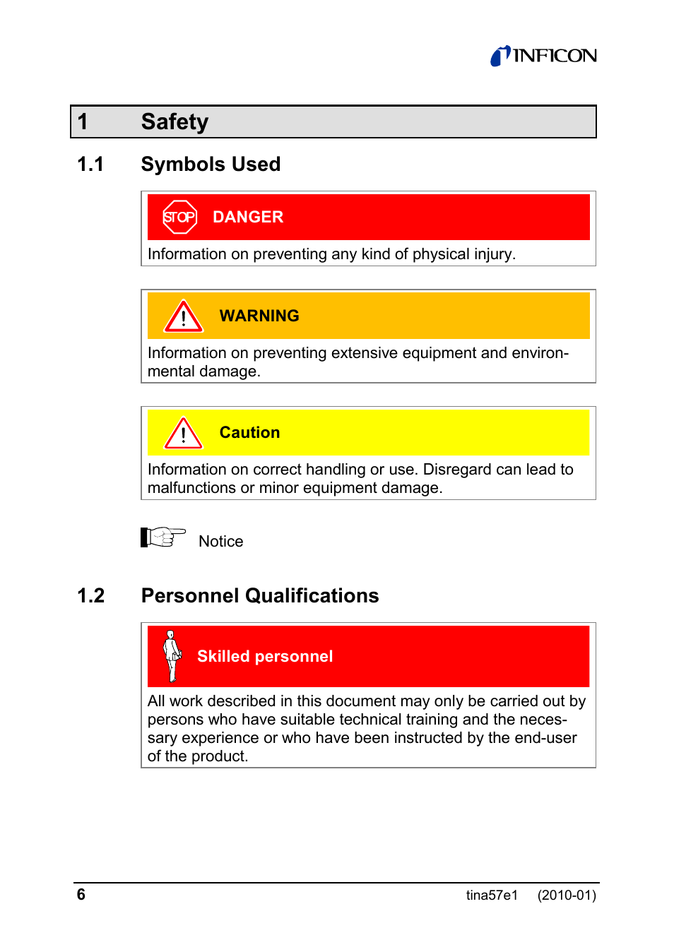1 safety, 1 symbols used, 2 personnel qualifications | INFICON SKY CDG025D-X3 0.1 ... 1000 Torr / mbar process gauge User Manual | Page 6 / 36