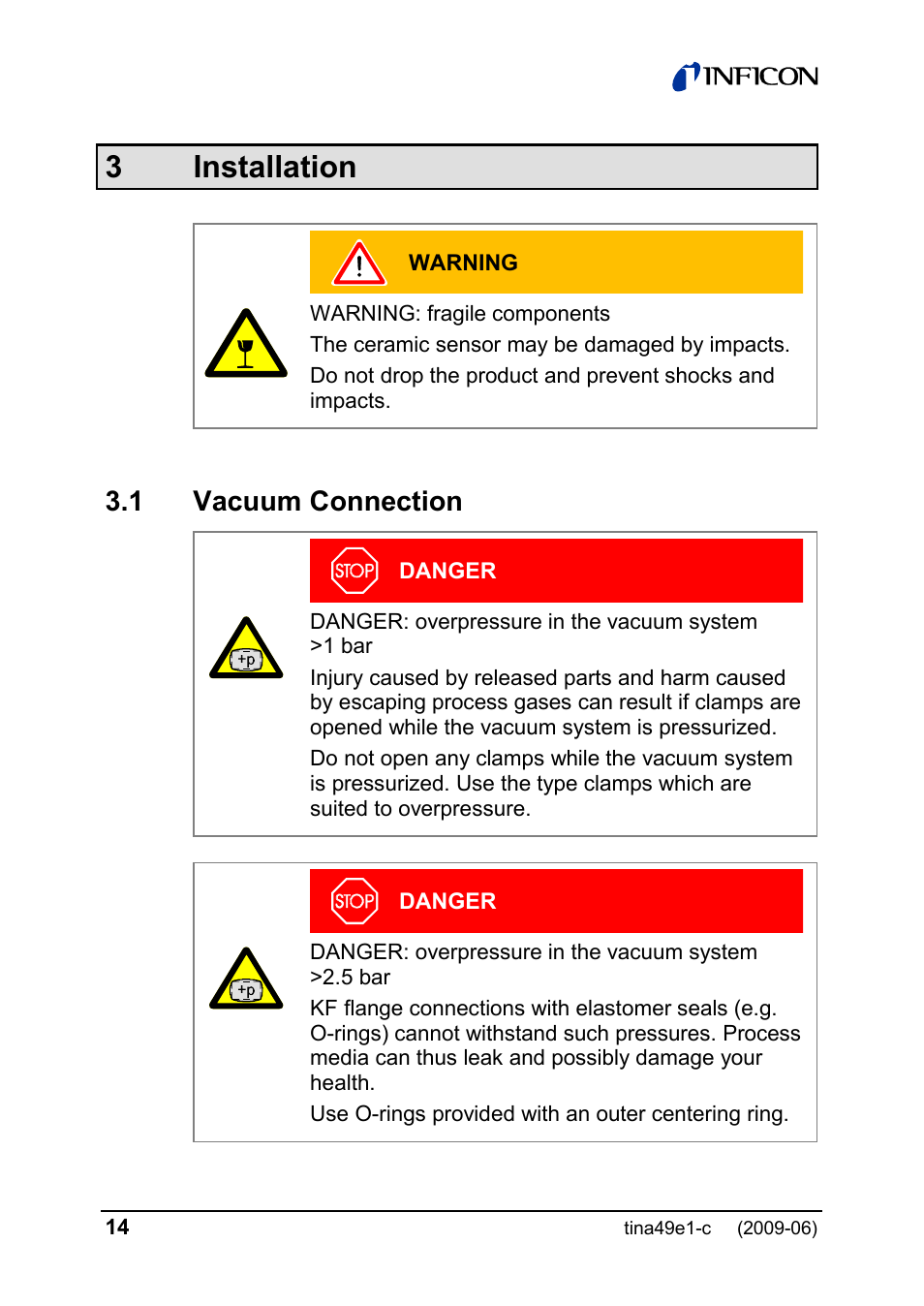 3 installation, 1 vacuum connection | INFICON SKY CDG025D 0.1 ... 1000 Torr / mbar User Manual | Page 14 / 36