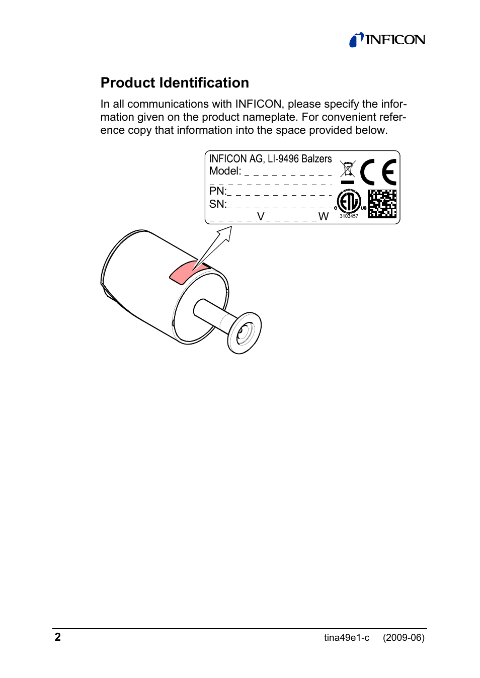 Product identification | INFICON SKY CDG025D 0.1 ... 1000 Torr / mbar User Manual | Page 2 / 36