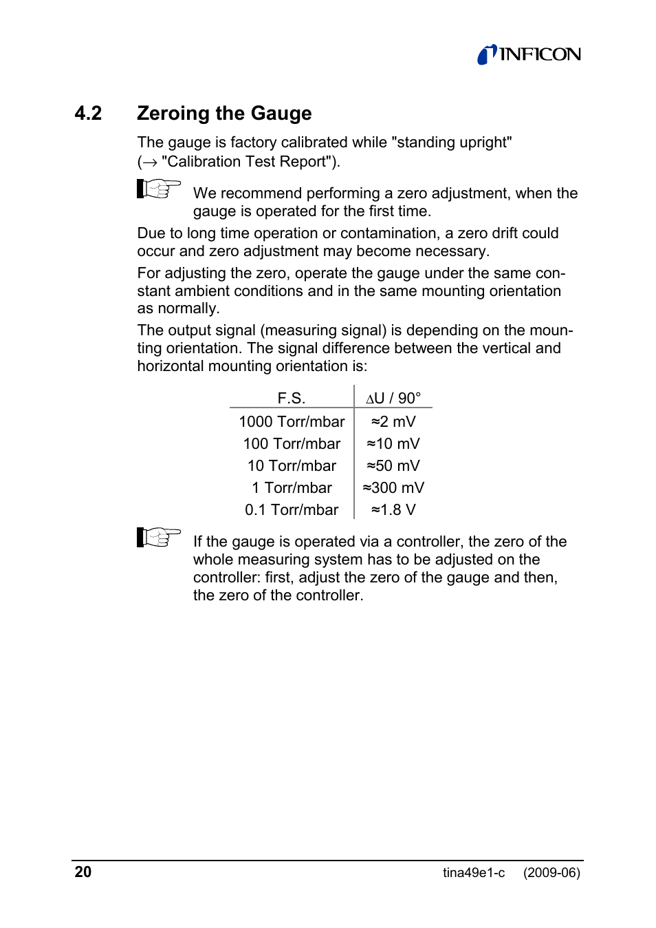 2 zeroing the gauge | INFICON SKY CDG025D 0.1 ... 1000 Torr / mbar User Manual | Page 20 / 36