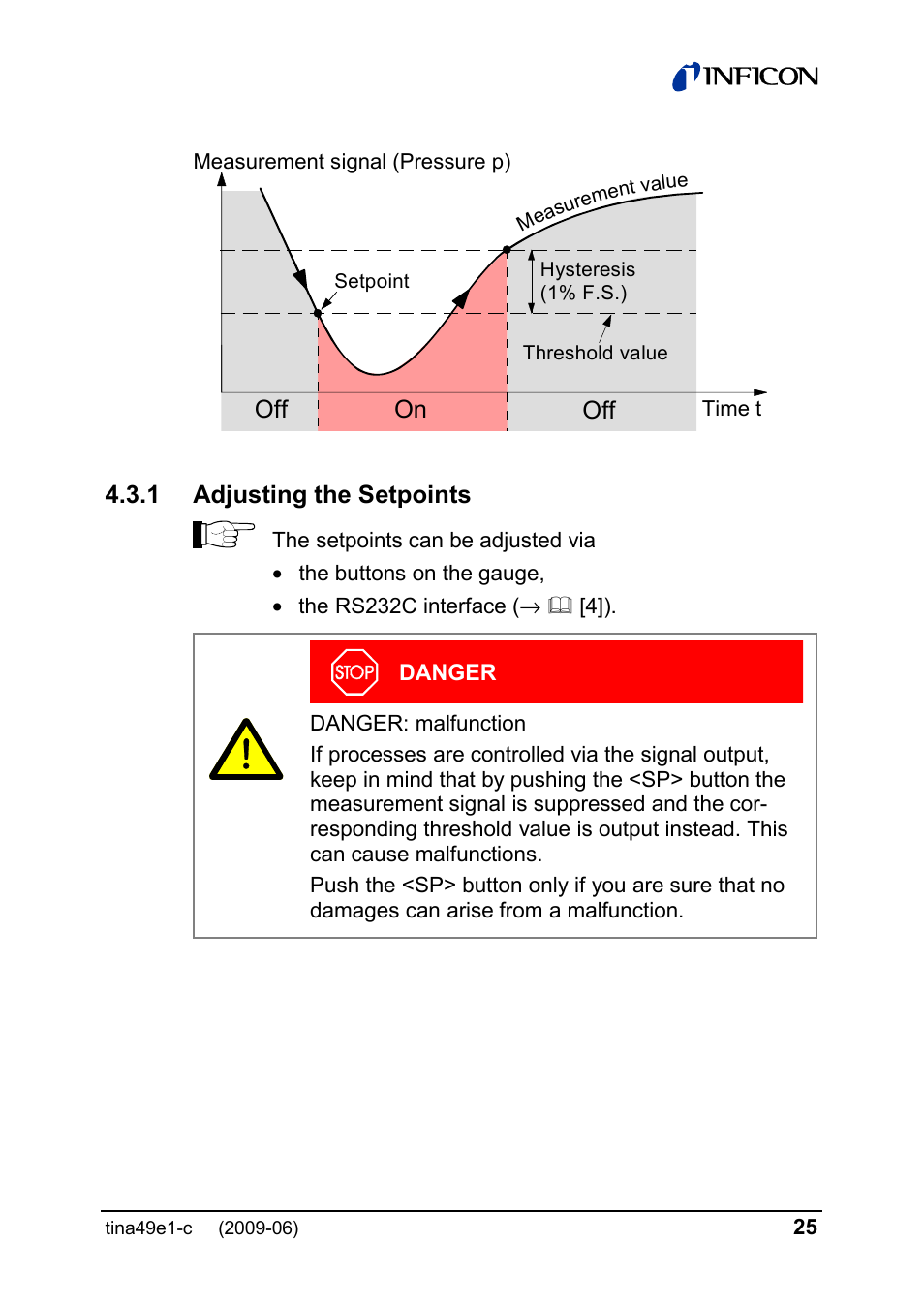 Off on, 1 adjusting the setpoints | INFICON SKY CDG025D 0.1 ... 1000 Torr / mbar User Manual | Page 25 / 36