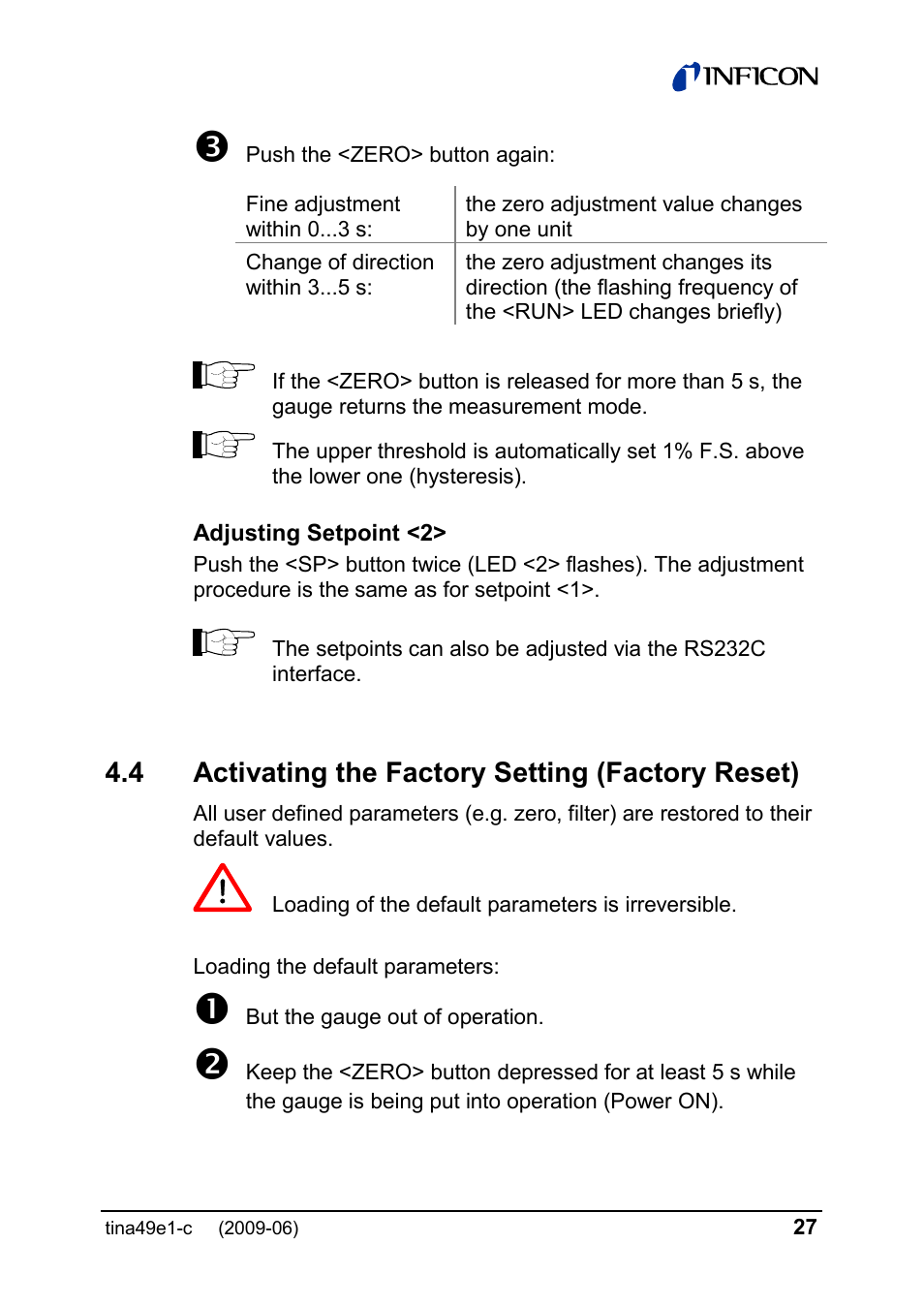 4 activating the factory setting (factory reset) | INFICON SKY CDG025D 0.1 ... 1000 Torr / mbar User Manual | Page 27 / 36