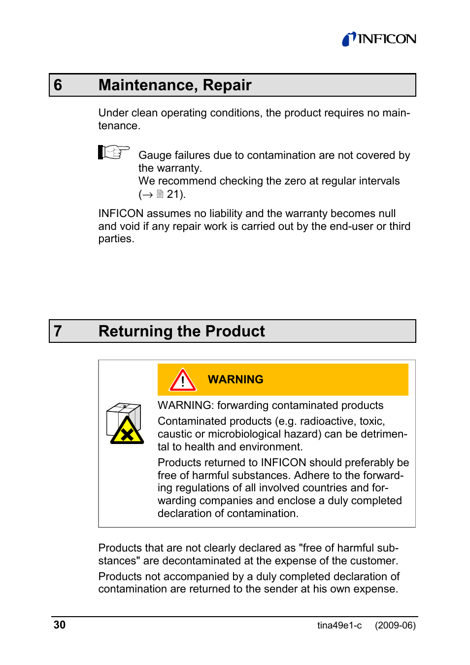 6 maintenance, repair, 7returning the product | INFICON SKY CDG025D 0.1 ... 1000 Torr / mbar User Manual | Page 30 / 36