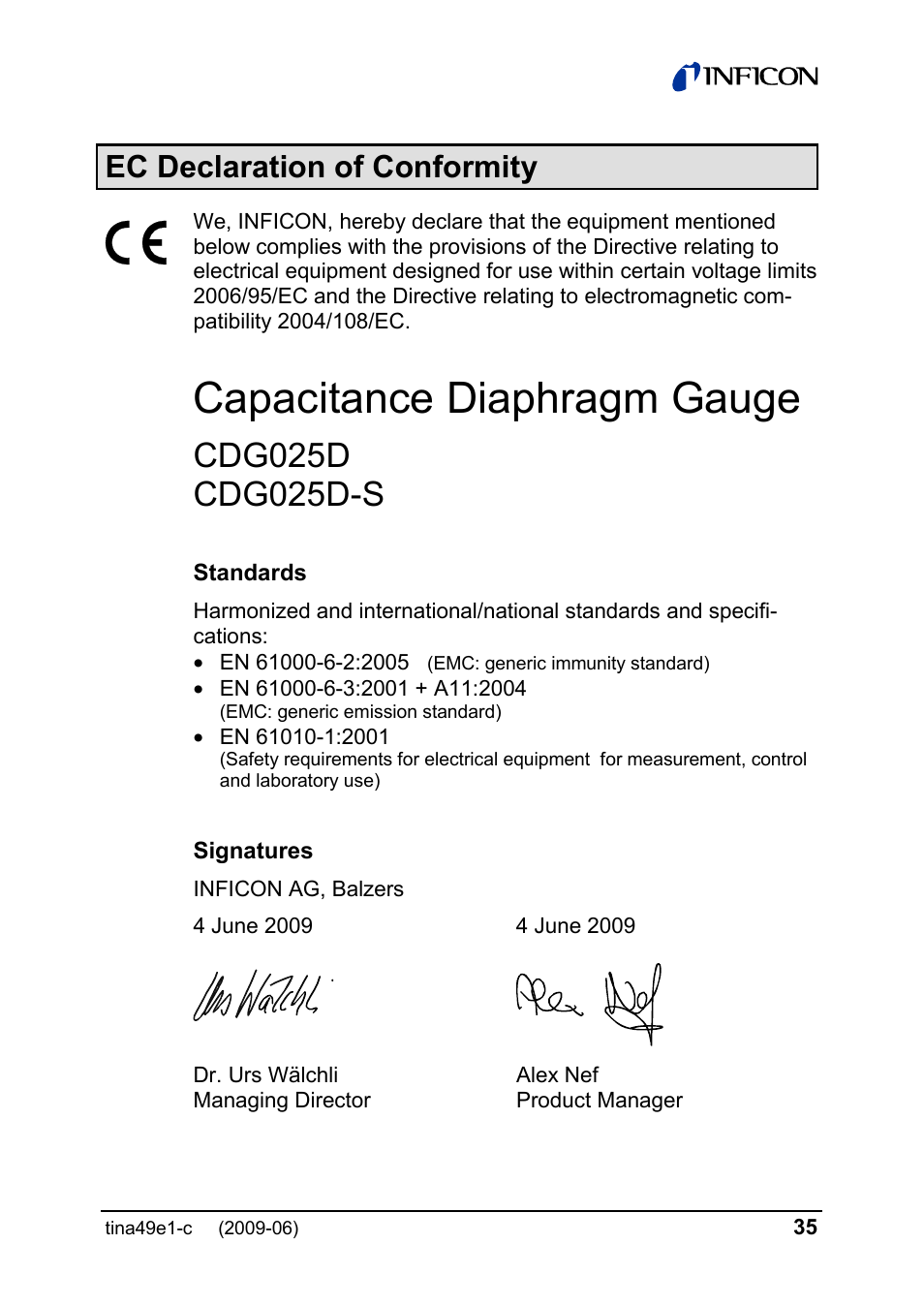 Capacitance diaphragm gauge, Ec declaration of conformity | INFICON SKY CDG025D 0.1 ... 1000 Torr / mbar User Manual | Page 35 / 36