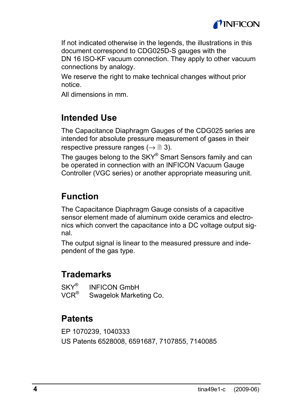 Intended use, Function, Trademarks | Patents | INFICON SKY CDG025D 0.1 ... 1000 Torr / mbar User Manual | Page 4 / 36