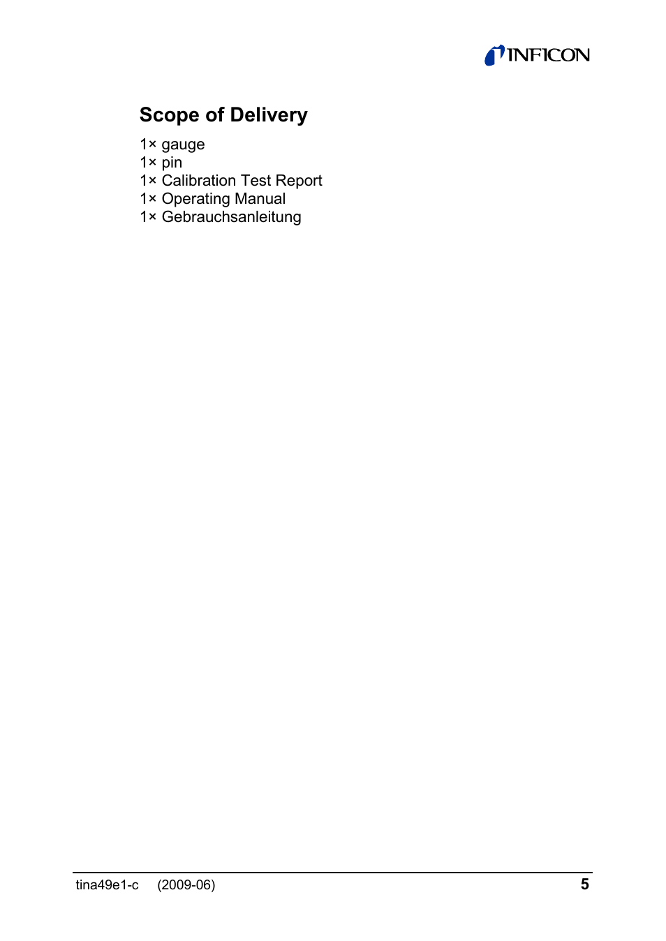 Scope of delivery | INFICON SKY CDG025D 0.1 ... 1000 Torr / mbar User Manual | Page 5 / 36