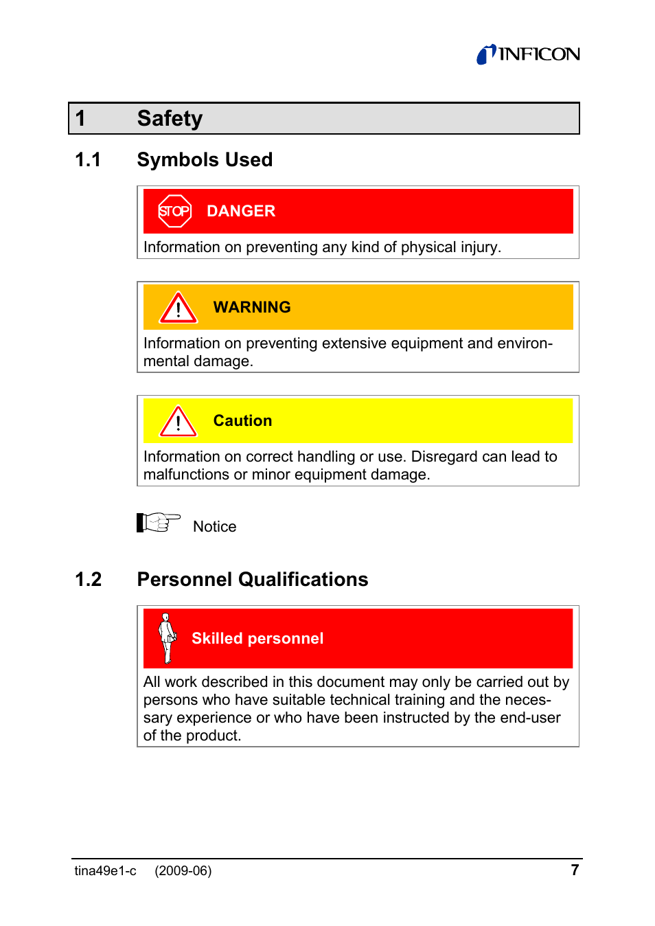 1 safety, 1 symbols used, 2 personnel qualifications | INFICON SKY CDG025D 0.1 ... 1000 Torr / mbar User Manual | Page 7 / 36