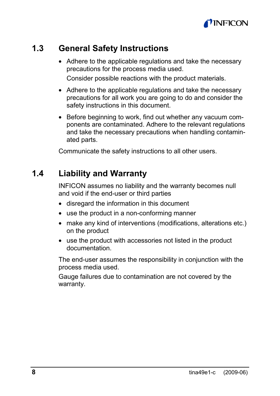 3 general safety instructions, 4 liability and warranty | INFICON SKY CDG025D 0.1 ... 1000 Torr / mbar User Manual | Page 8 / 36