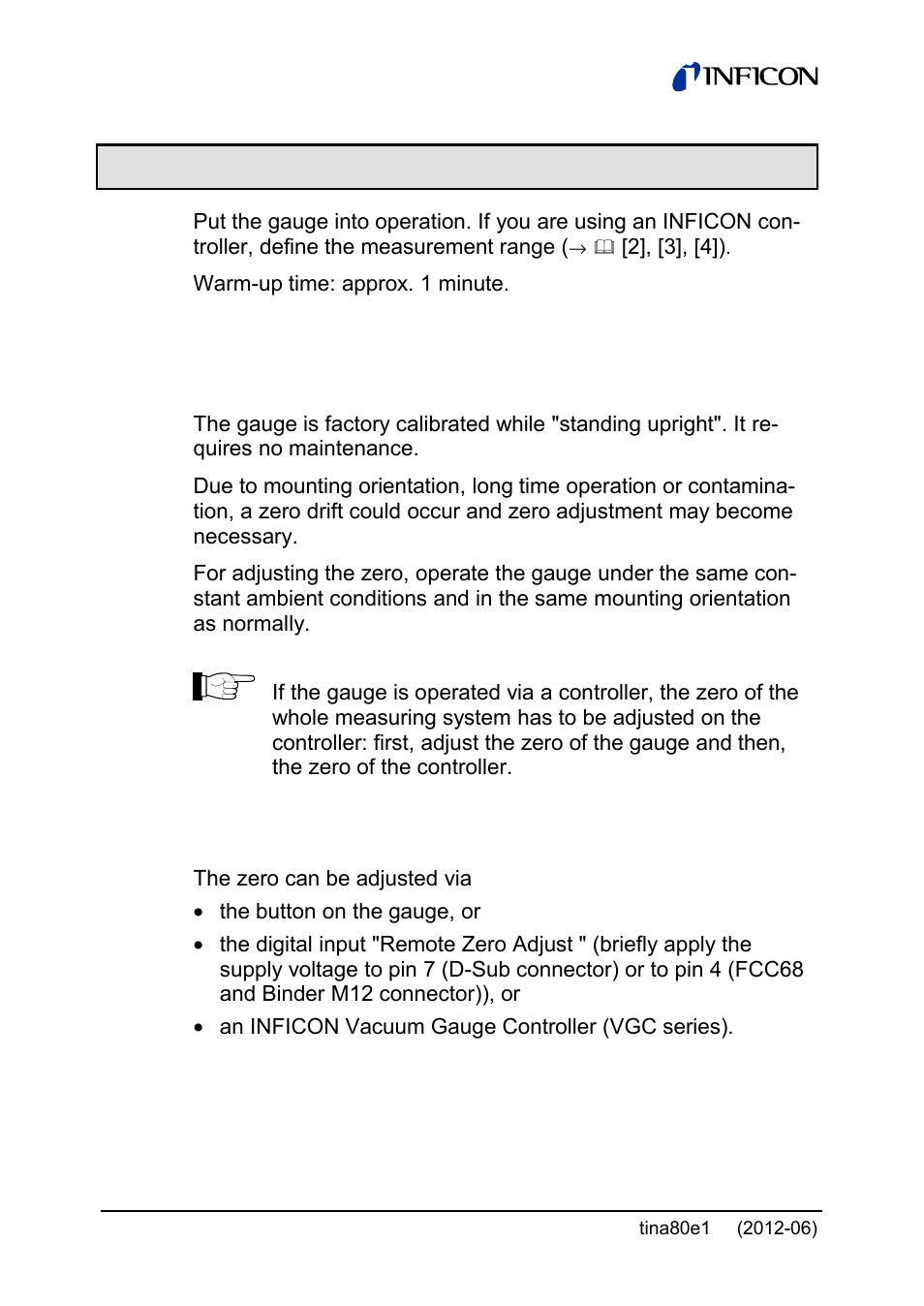 4 operation, 1 zeroing the gauge | INFICON Porter CDG020D 10 ... 1000 Torr / mbar User Manual | Page 20 / 28