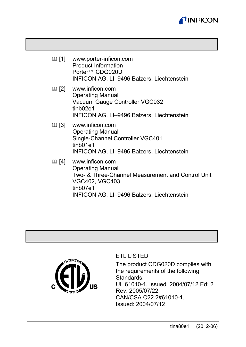 Further information, Etl certification | INFICON Porter CDG020D 10 ... 1000 Torr / mbar User Manual | Page 26 / 28