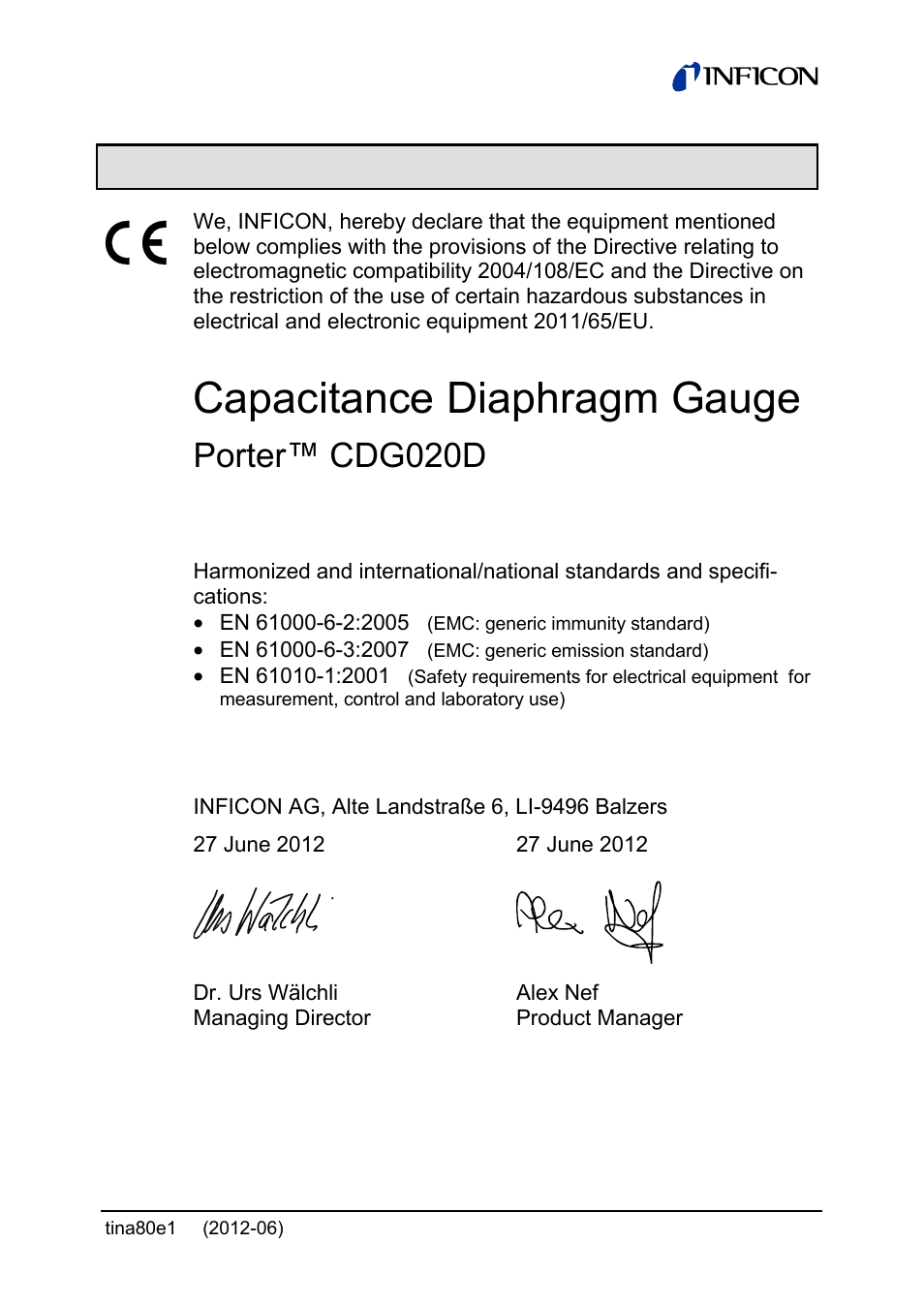 Capacitance diaphragm gauge, Porter™ cdg020d, Ec declaration of conformity | INFICON Porter CDG020D 10 ... 1000 Torr / mbar User Manual | Page 27 / 28