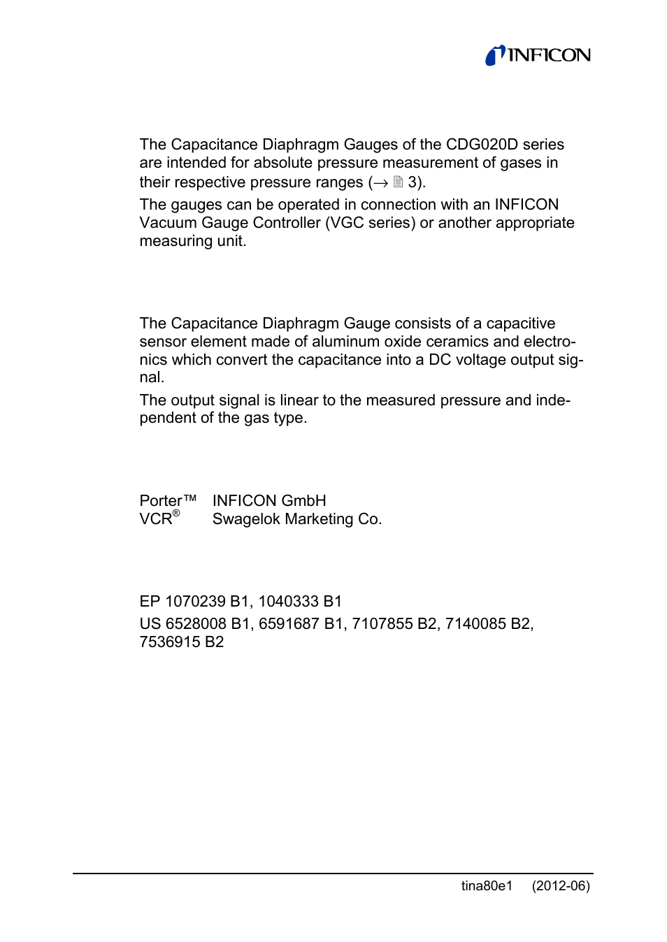Intended use, Function, Trademarks | Patents | INFICON Porter CDG020D 10 ... 1000 Torr / mbar User Manual | Page 4 / 28