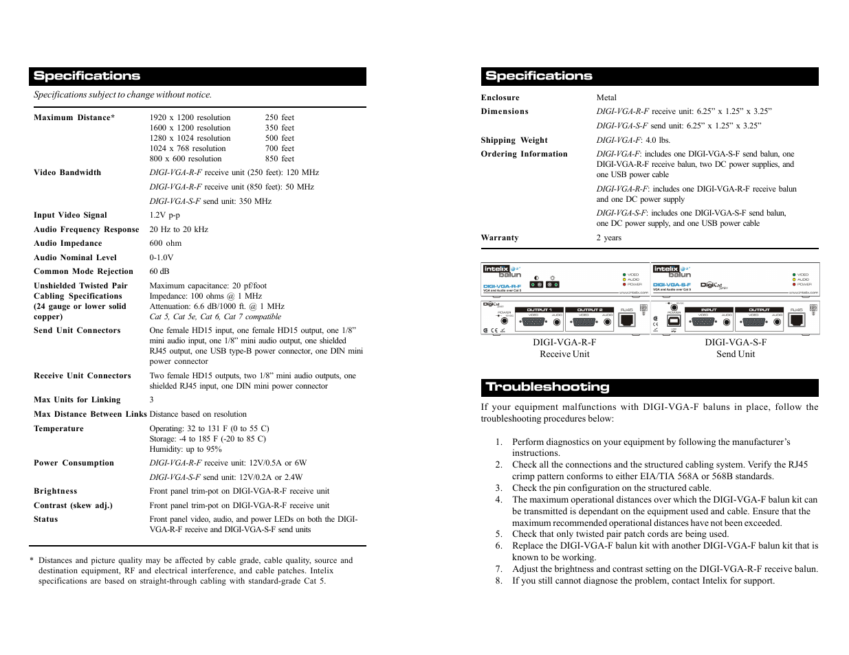 Specifications troubleshooting, Specifications | Intelix DIGI-VGA-F User Manual | Page 2 / 2