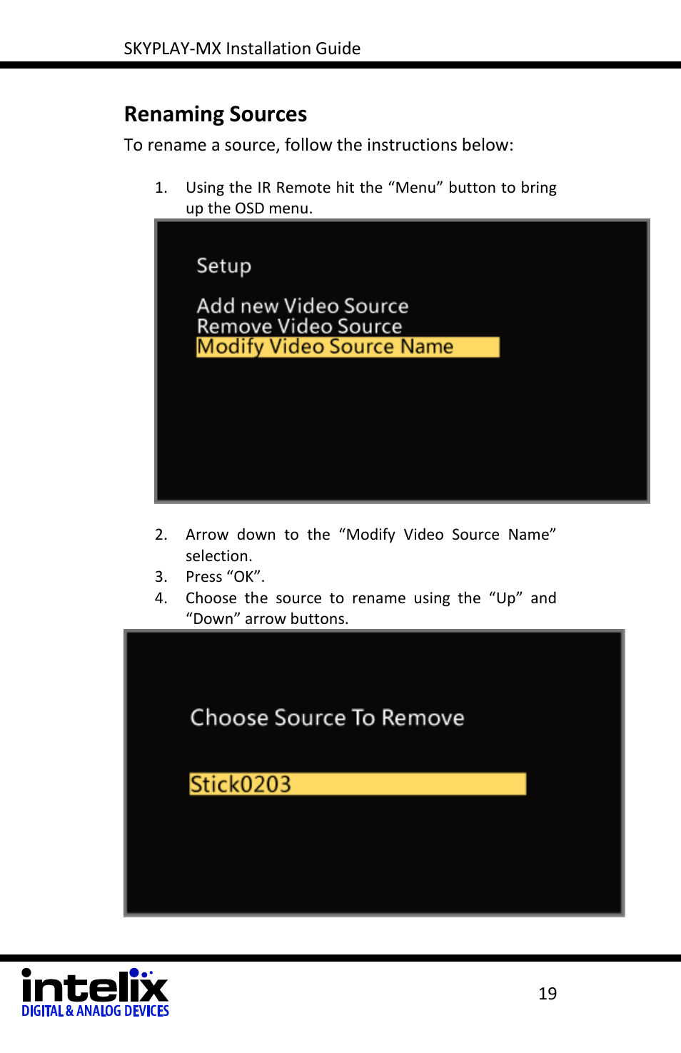 Renaming sources | Intelix SKYPLAY-MX-R User Manual | Page 19 / 26